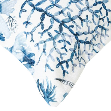 Blue Coast shells scatter cushion fabric pattern on white background