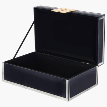 Navy blue jewellery box with gold clasp and soft fabric finish