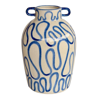Blue Squiggle Ceramic Vase on white background with decorative squiggle and small blue handles