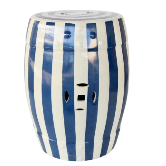 Blue And White Striped Accent Stool  by Woodka Interiors