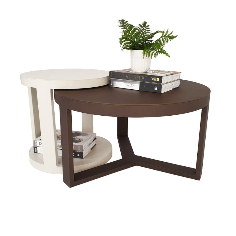 Bora Bora nesting table set featuring a large mocha bronze coffee table with a taller cream side table