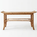 Brown rattan pagoda console table hallway with a woven wicker top and curved edges.