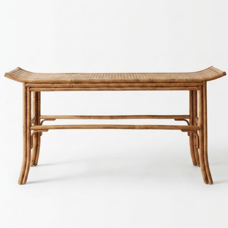 Brown rattan pagoda console table hallway with a woven wicker top and curved edges.