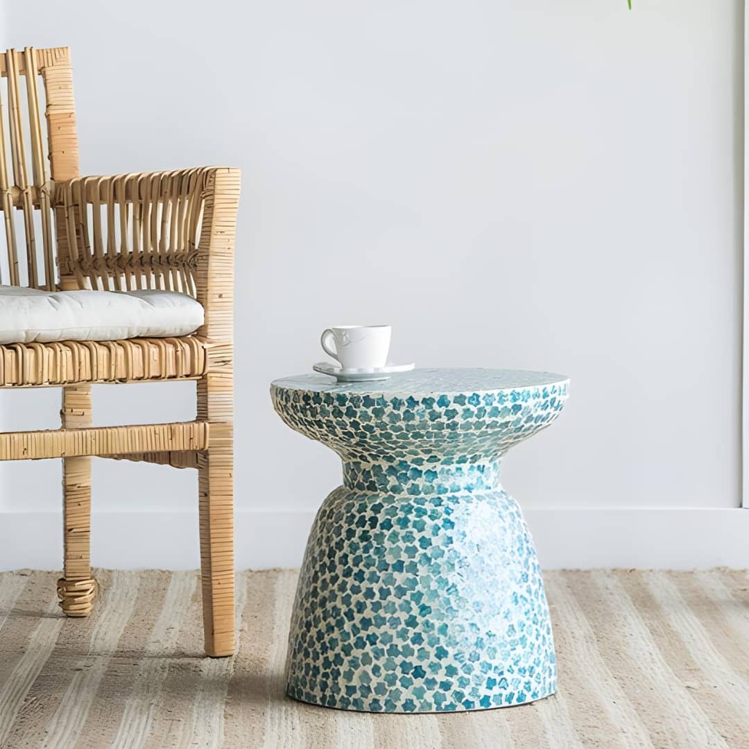 Azure Capiz Shell Stool Blue Side Table By Woodka Interiros