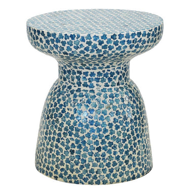 Azure Capiz Shell Stool Blue Side Table By Woodka Interiros