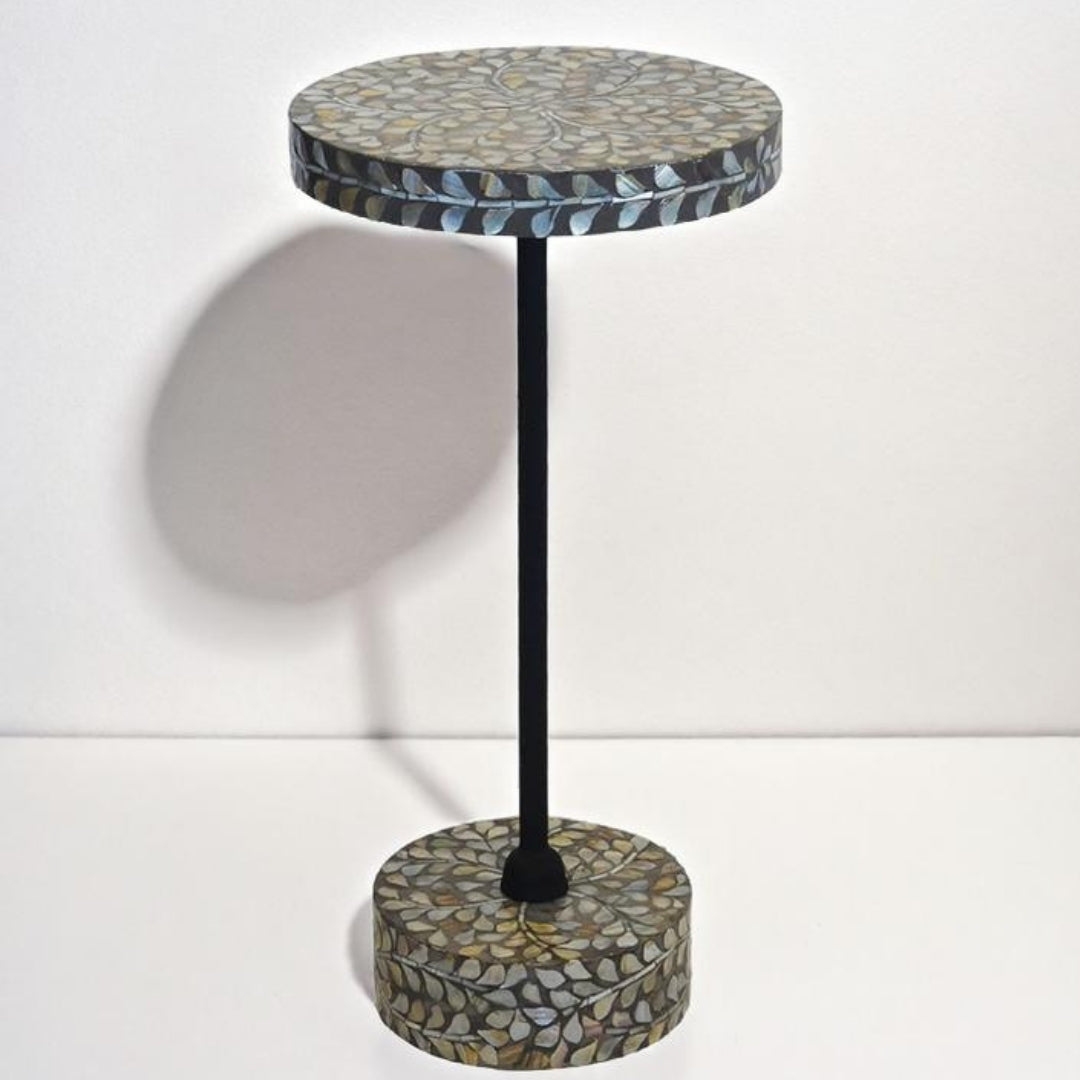Front view of Capiz Petite Accent Table featuring silver and blue capiz inlay