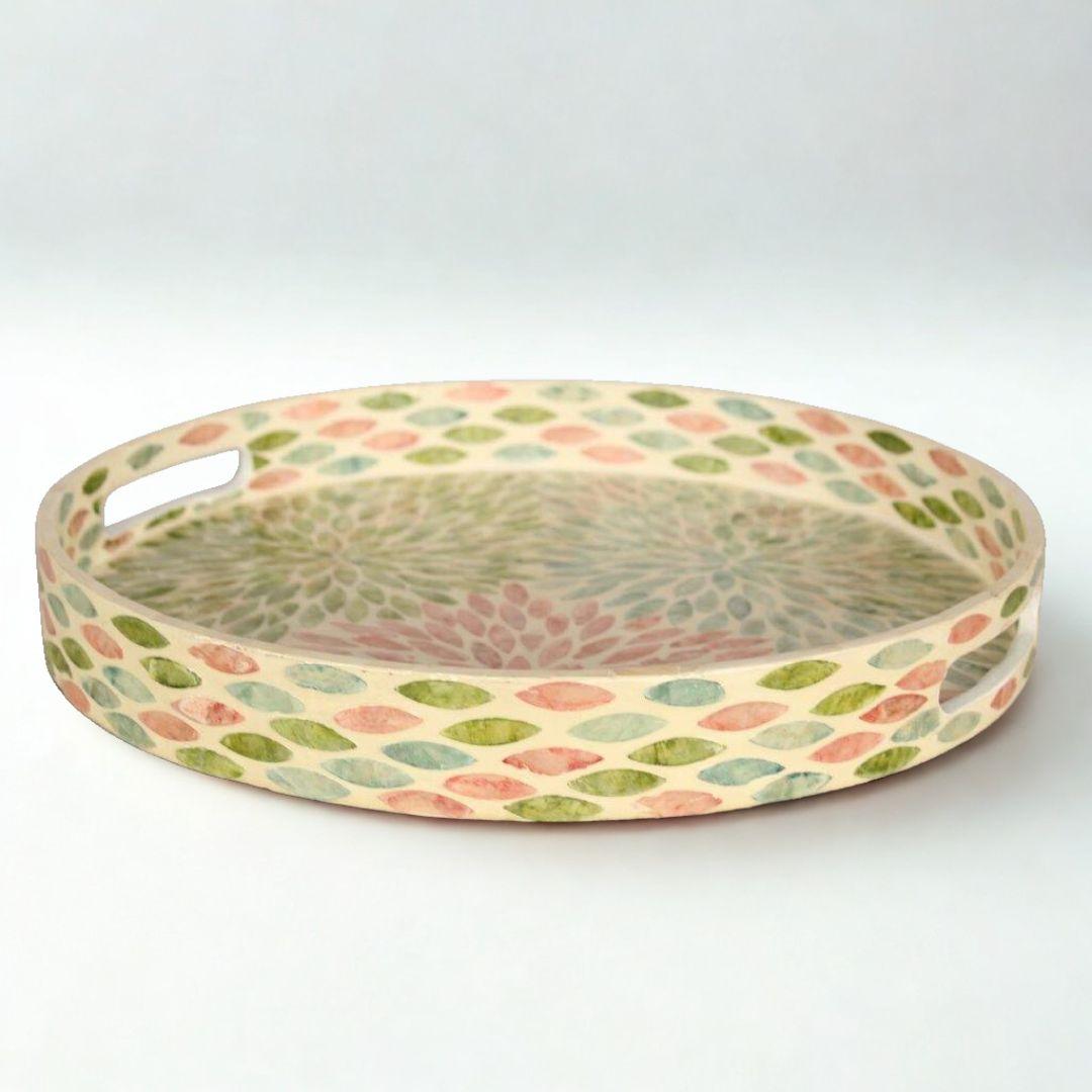 Round capiz serving tray with pastel petal pattern