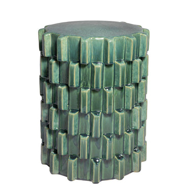 Glossy Celadon Ceramic Garden Stool featuring overlapping rectangular block pattern