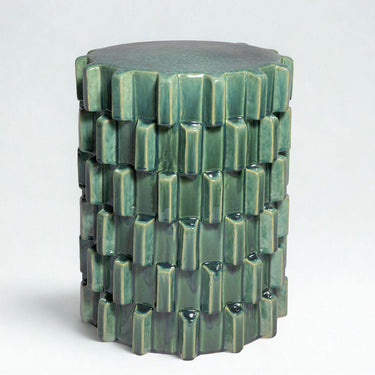 Elegant Celadon Ceramic Side Table with sculptural cylindrical design and textured block pattern styled 