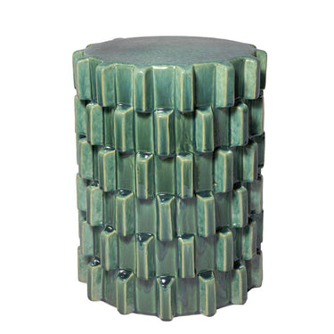 Celadon Ceramic Side Table with staggered block texture and sculptural cylindrical design