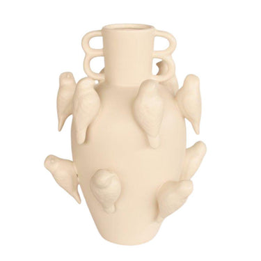 ceramic vase with birds and looped handles