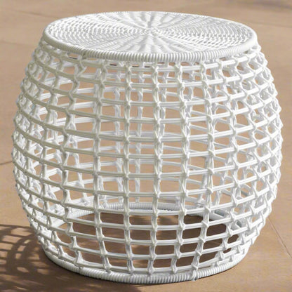 Check White Outdoor Side Table on pool deck by Woodka Interiors