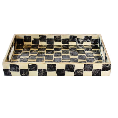 Black and white checkered decorative tray with Capiz shell inlay