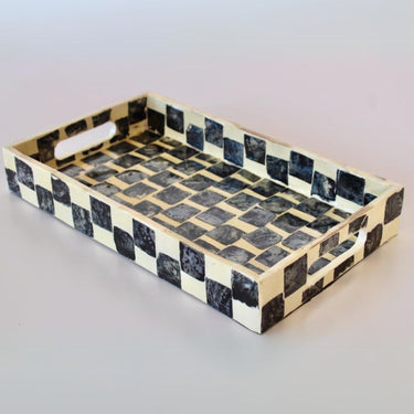 Rectangular decorative tray with Capiz shell inlay and checkered design