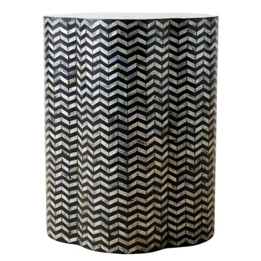 Chevron shell inlay side table with black base and iridescent pattern.