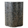 Chevron shell inlay side table with black base and iridescent pattern.