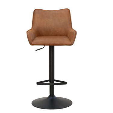 Brown leather bar stool with black metal base on a white background