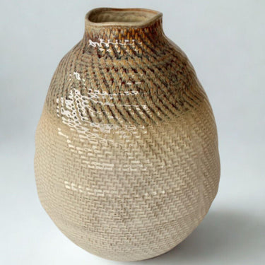 Large cream and brown ceramic vase with basket weave texture and glossy finish, 46cm tall — ideal for shelf or kitchen counter décor