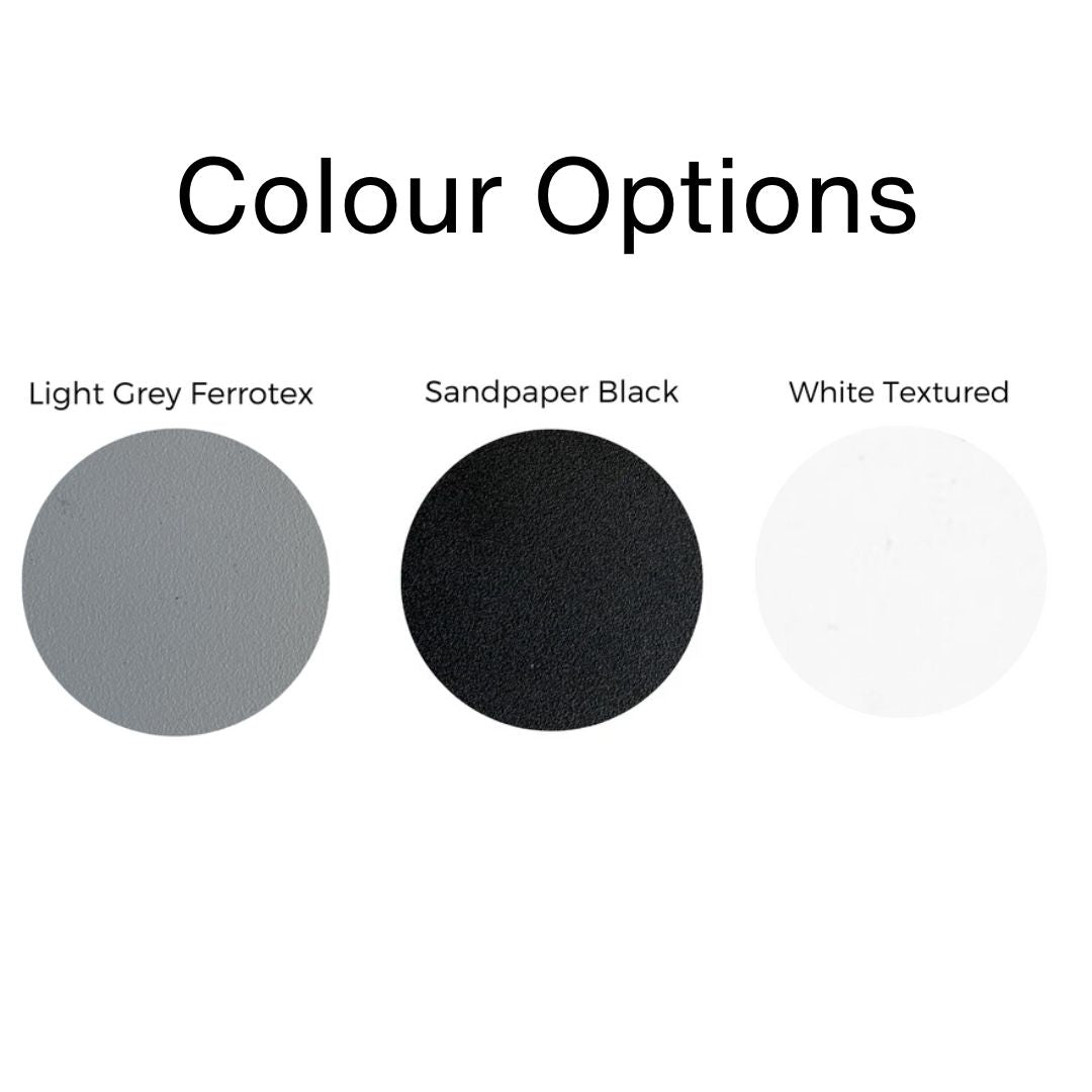 Color swatches labeled 'Light Grey Ferrotex', 'Sandpaper Black', and 'White Textured' 