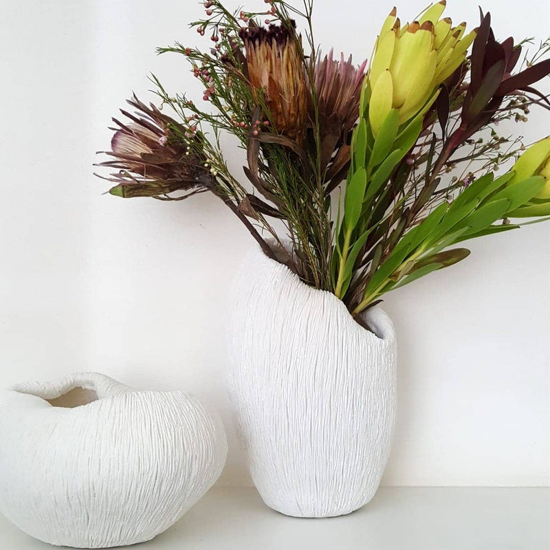 Matte white coral vase with organic, flowing silhouette and scalloped rim, styled with dried stems with flowers next to the coral bowl.