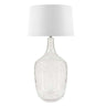 Crackle glass table lamp with a textured clear glass base and white fabric shade.