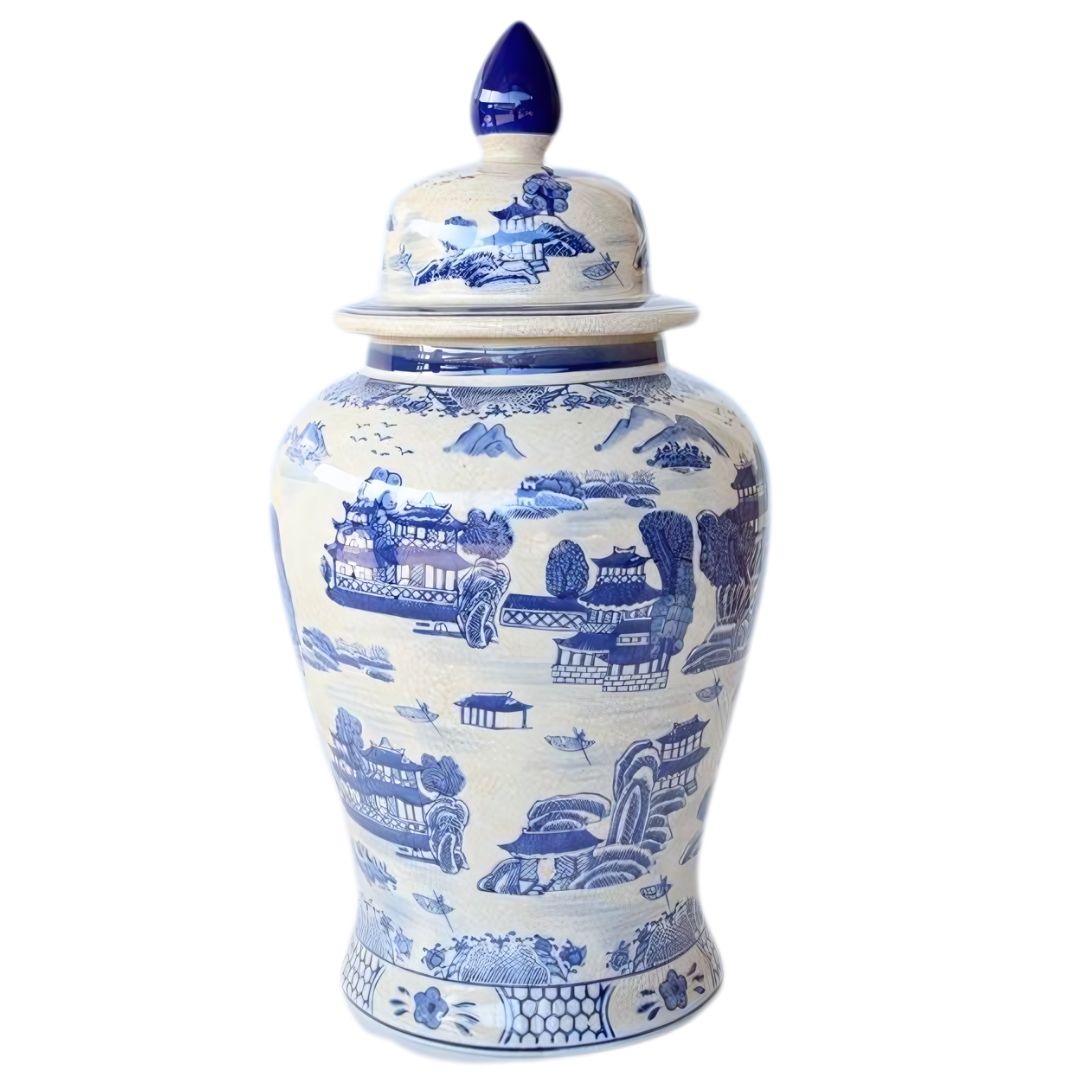 a blue and white lidded ginger jar