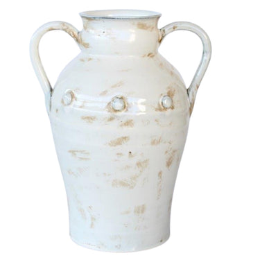 Cream ceramic flower vase with elegant handles, ideal for floral displays or as a decor accent.