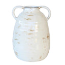 Cream ceramic vase with two handles, perfect for displaying flowers or as a decorative accent.