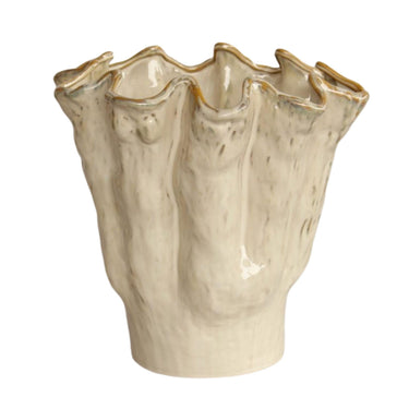 Top-down view of fluted ceramic vase with glossy cream tone