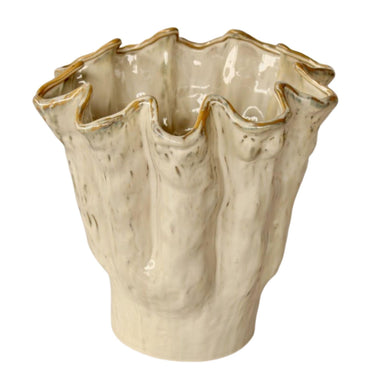 Cream Fluted Ceramic Vase with wide opening and smooth gloss finish