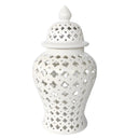 white ginger jar, crafted from ceramic with a cut out design