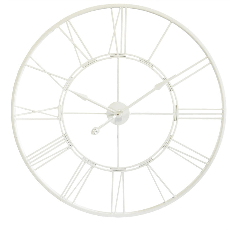 Large round cut out wall clock in matte white with an open skeleton design and Roman numerals