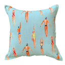 Dalesbrook scatter cushion with a retro pattern of swimmers in light turquoise blue water backrdop
