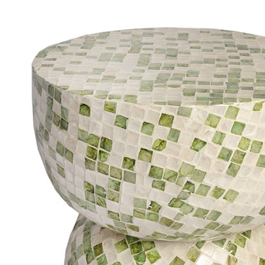 close up of the Small Diabolo stool with flowing Capiz shell pattern for seating or décor