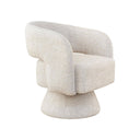 A modern barrel-style swivel armchair upholstered in a textured light beige fabric, shown against a plain white background.