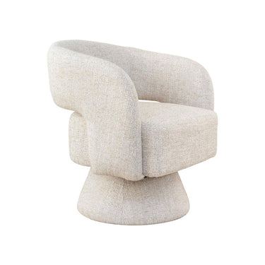 A modern barrel-style swivel armchair upholstered in a textured light beige fabric, shown against a plain white background.