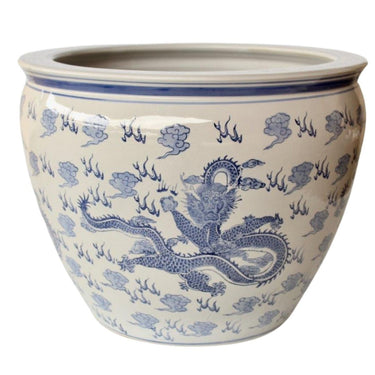 Large ceramic pot with intricate dragon motif for elegant plant displays.