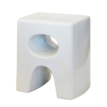 White ceramic garden stool with a sleek design for indoor or covered outdoor spaces. Available online at Woodka Interiors South Africa