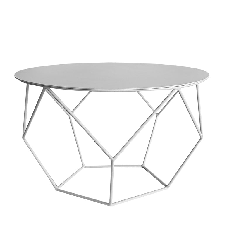Facet contemporary round coffee table in white featuring an open geometric wireframe base made of mild steel.