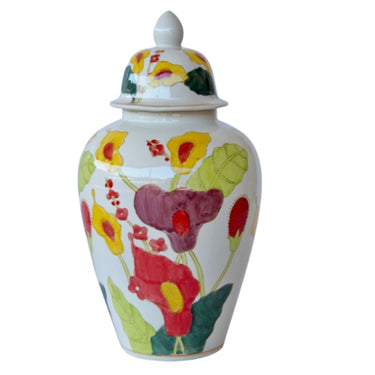 Decorative ceramic ginger jar for flowers or display.