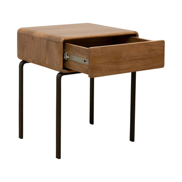 Florida bedside table with curved frame, open storage drawer, and minimalist black metal legs.