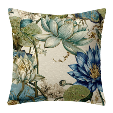 Fluid Botanical Scatter Cushion 60x60cm, blue and white water lily polyester linen fabric with floral aquatic lotus print for living room sofa decor.