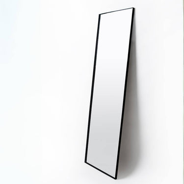 Full length mirror with a straight metal frame.