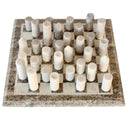 White and beige marble inlay chess set as a luxury home decor accessory for living room coffee tables