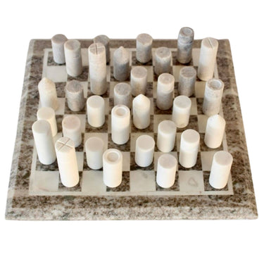 White and beige marble inlay chess set as a luxury home decor accessory for living room coffee tables