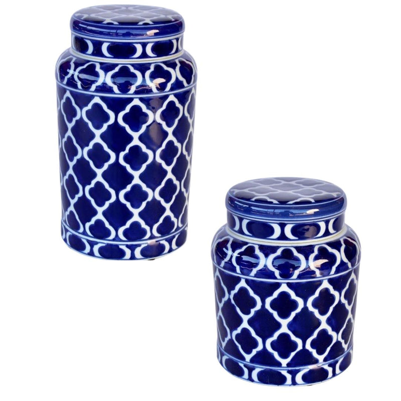 Decorative blue and white ceramic jar with lid for storage and display.
