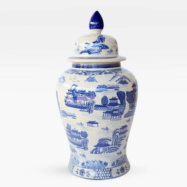 blue and white ginger jar featuring traditional Chinese motifs