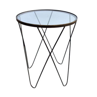 Minimalist modern glass top side tables with metal frame.