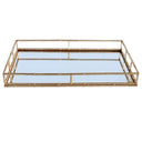 Large rectangular tray with mirrored base and gold-finished bamboo-effect metal frame