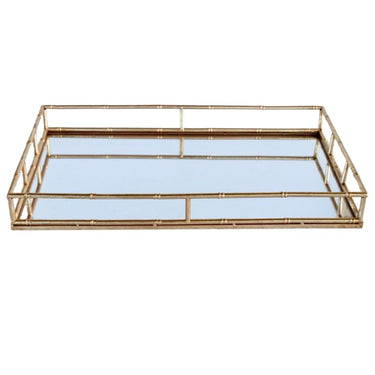 Large rectangular tray with mirrored base and gold-finished bamboo-effect metal frame